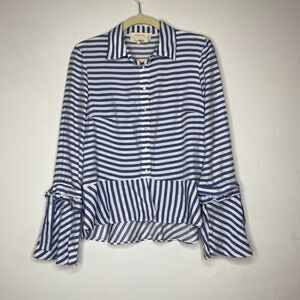 Artelier Blue and White Stripe Collar Button Down Bell Tie Sleeve Blouse XS